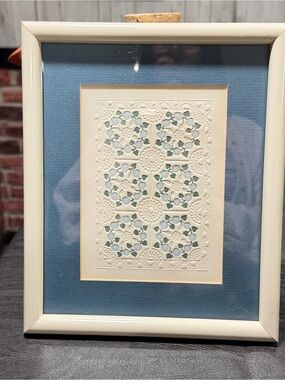 Framed Embossed Cutout Artwork - Blue Mat, White Frame. Americana art. Country.